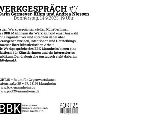 WERKGESPRÄCH #7 mit Karin Germeyer-Kihm und Andrea Niessen am Donnerstag, 14.September 2023, 19 Uhr